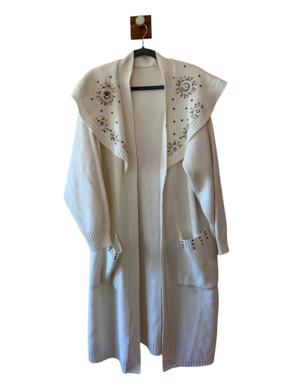 Vintage Embellished Longline Open-Front Cream Cardigan Sweater Coat